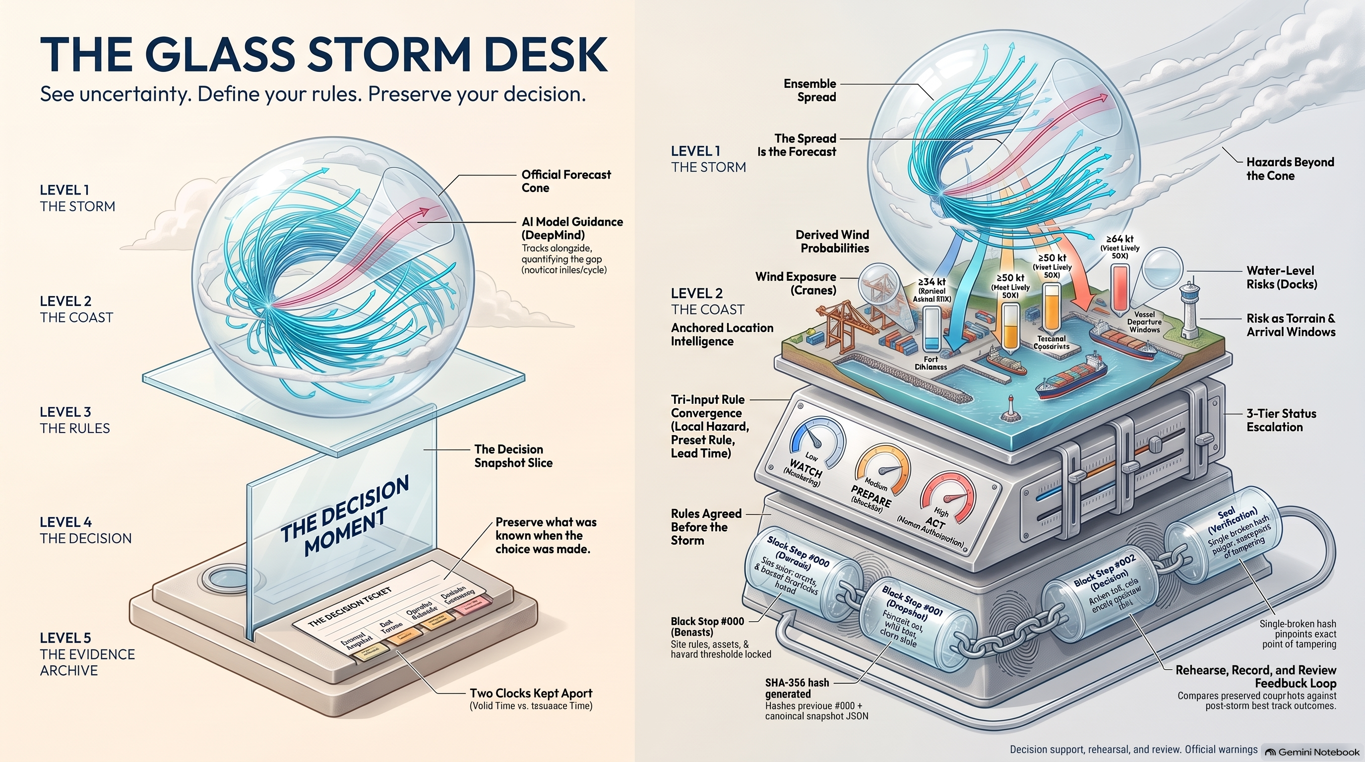 The Glass Storm Desk. A glass sphere of storm tracks above a harbor model.